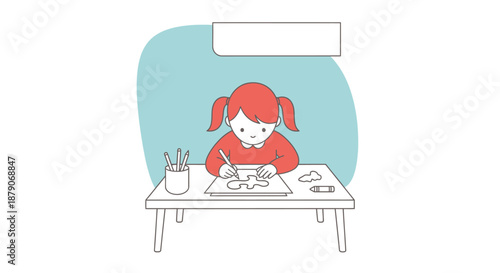 A young girl with red hair sitting at a desk drawing with colored pencils