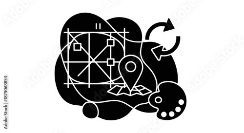 A creative mind mapping illustration with a location pin and design elements on a white background