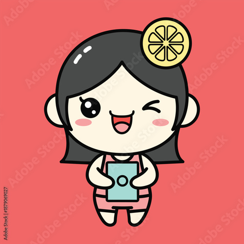Cute cartoon girl with black hair holding a blue game controller and a lemon slice on her head