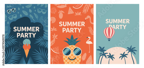 Summer Disco Party Poster Set with Flat Design Elements and Summer Attributes, Vintage Style Vector Illustration for Beach Music Festivals, Open Air Events and Nightclub Promotion
