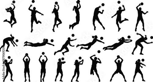 Volleyball Player Silhouettes Vector Set, Black Action Figures of Men and Women Spiking, Serving and Diving Isolated on White Background