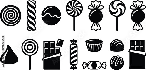 Black And White Vector Icon Set Of Various Candy Silhouettes Featuring Lollipops Chocolate Bars Hard Candies Toffees And Swirl Sweets For Confectionery And Design