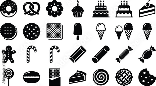 WebBlack And White Vector Icon Set Of Various Dessert Silhouettes Featuring Cakes Donuts Ice Cream Cookies Candy And Chocolate For Bakery And Pastry Design