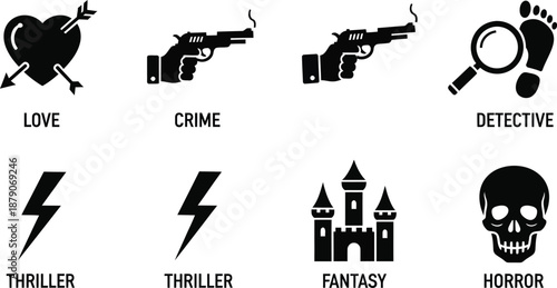 A collection of black icons representing various genres and themes, including love, crime, detective work, thriller, fantasy, and horror.
