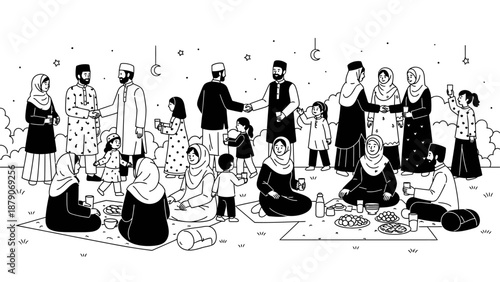 Muslim families celebrating Eid al-Fitr with outdoor picnic and greetings.