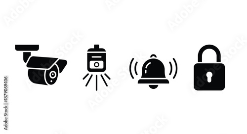 A set of security icons including a camera, alarm, bell and lock on a white background