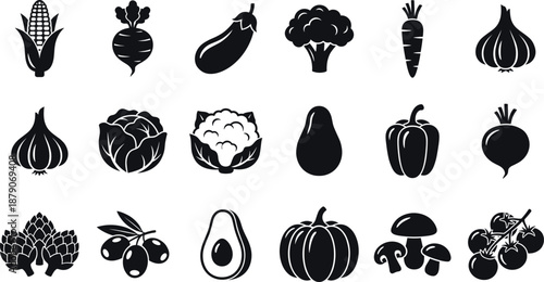 Black And White Vector Icon Set Of Various Vegetable Silhouettes Featuring Corn Eggplant Broccoli Carrot Garlic Cabbage Avocado Pumpkin Mushroom And Tomato For Food Design