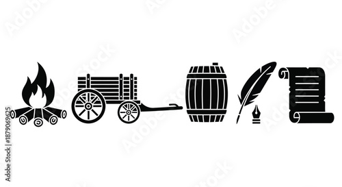 A collection of black and white icons representing historical and literary symbols