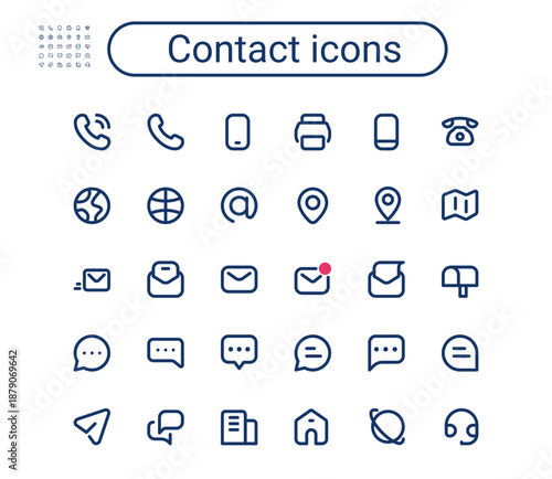 Simple small contact line icon set. Rounded mini communication vector icons. Pixel perfect.