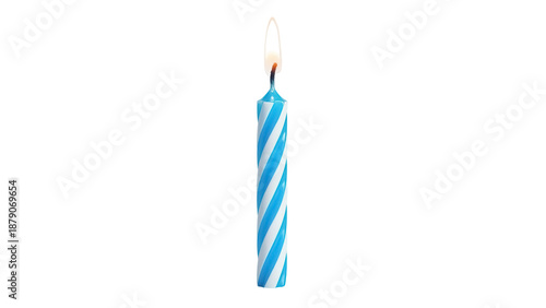 Blue and white striped birthday candle with flame isolated PNG, festive decoration for celebration and party supplies on transparent background