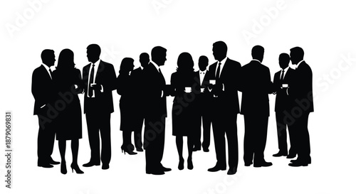 A group of business professionals in formal attire standing together in a network