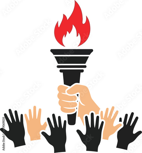 A vector illustration of a hand holding a torch surrounded by other hands symbolizing leadership and vision