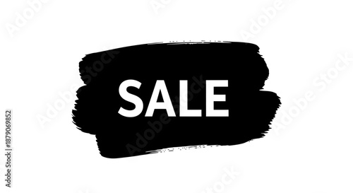 A black brush stroke with the word SALE in white letters on a white background
