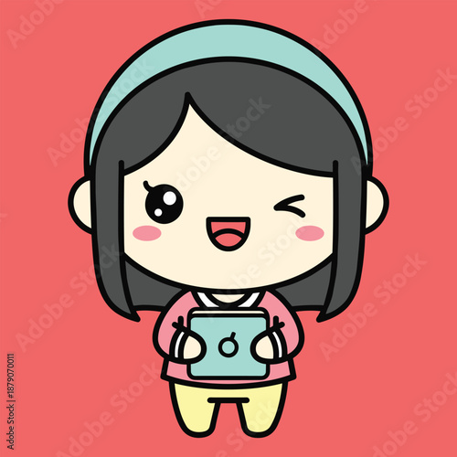 Cute cartoon girl with headphones and game controller smiling on red background