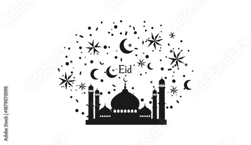 Eid Mubarak greeting card with mosque silhouette and starry sky.