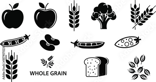 A collection of black and white icons representing various whole grain foods and fruits.