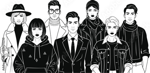 A group of stylishly dressed people standing together in a modern illustration