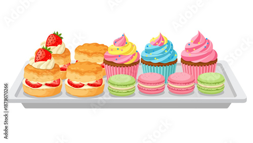 Assorted colorful cakes and macarons displayed on a tray from a top-down viewpoint