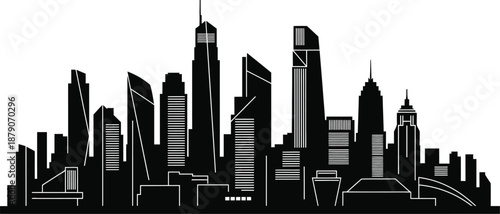 A sleek and modern city skyline at dusk with tall skyscrapers and high-rise buildings