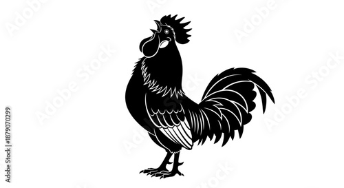 A black and white illustration of a rooster standing on a plain background