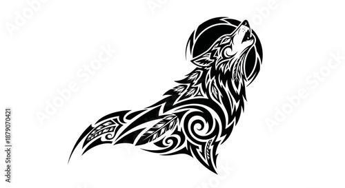 A black and white illustration of a wolf with tribal tattoo designs howling at the moon.