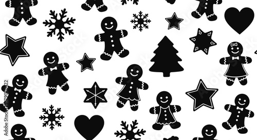 A festive holiday pattern featuring black silhouettes of gingerbread men, snowflakes, stars, and a Christmas tree on a white background.