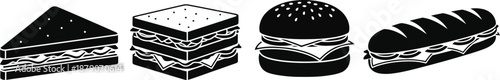 A black and white illustration of various types of sandwiches on a plain background
