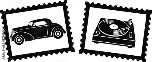 A black and white illustration of a vintage car and a record player on postage stamps