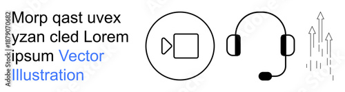 Digital communication, remote work, virtual meetings, customer service, productivity growth, technology tools. Video call icon, headset upward arrows on white background. Digital communication
