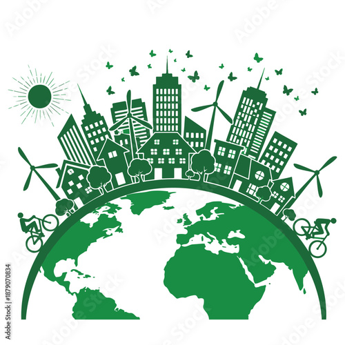 Green city on earth with renewable energy and ecology concept
