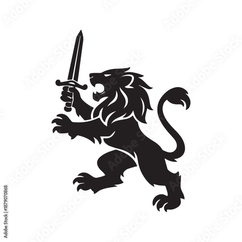 Lion PNG, Heraldic Rampant Lion Holding Sword Silhouette – Medieval Royal Crest Emblem, Fierce Warrior Lion Logo for Tattoo, Gaming, Branding, Coat of Arms & T-Shirt Design, Srilanka lion vector icon