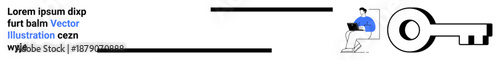 Online security, access control, cybersecurity, password protection, technology, digital identity. Person working on laptop next to a key icon. Online security and access control concepts