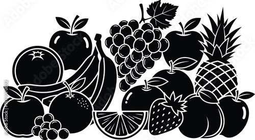 A black and white illustration of a variety of fresh fruits, including apples, bananas, and grapes.