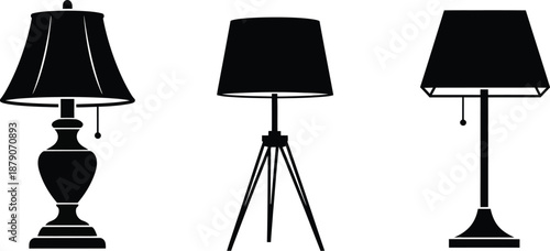Three black silhouettes of table lamps with different designs on a plain background