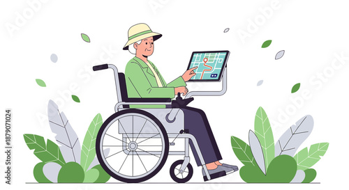 Elderly woman using tablet for navigation in wheelchair surrounded by foliage illustration
