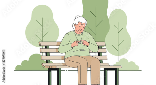 Elderly woman sitting alone on a park bench contemplating her medical alert device