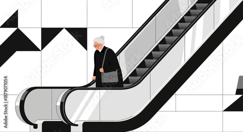Elevator ride for an elderly woman with glasses and handbag in a modern building