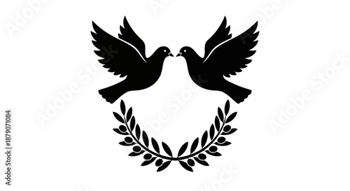 A symbolic illustration of two doves facing each other with an olive branch wreath, representing peace and harmony.