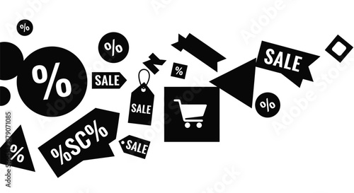 A collection of black and white sale signs and symbols on a white background