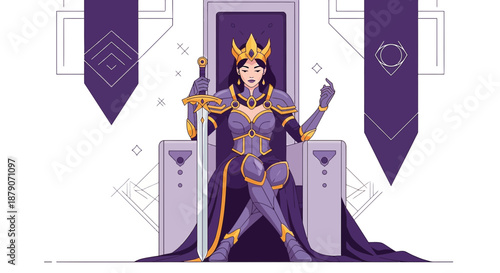 Empress illustration wielding a golden sword on throne, with geometric banners, majestic and regal