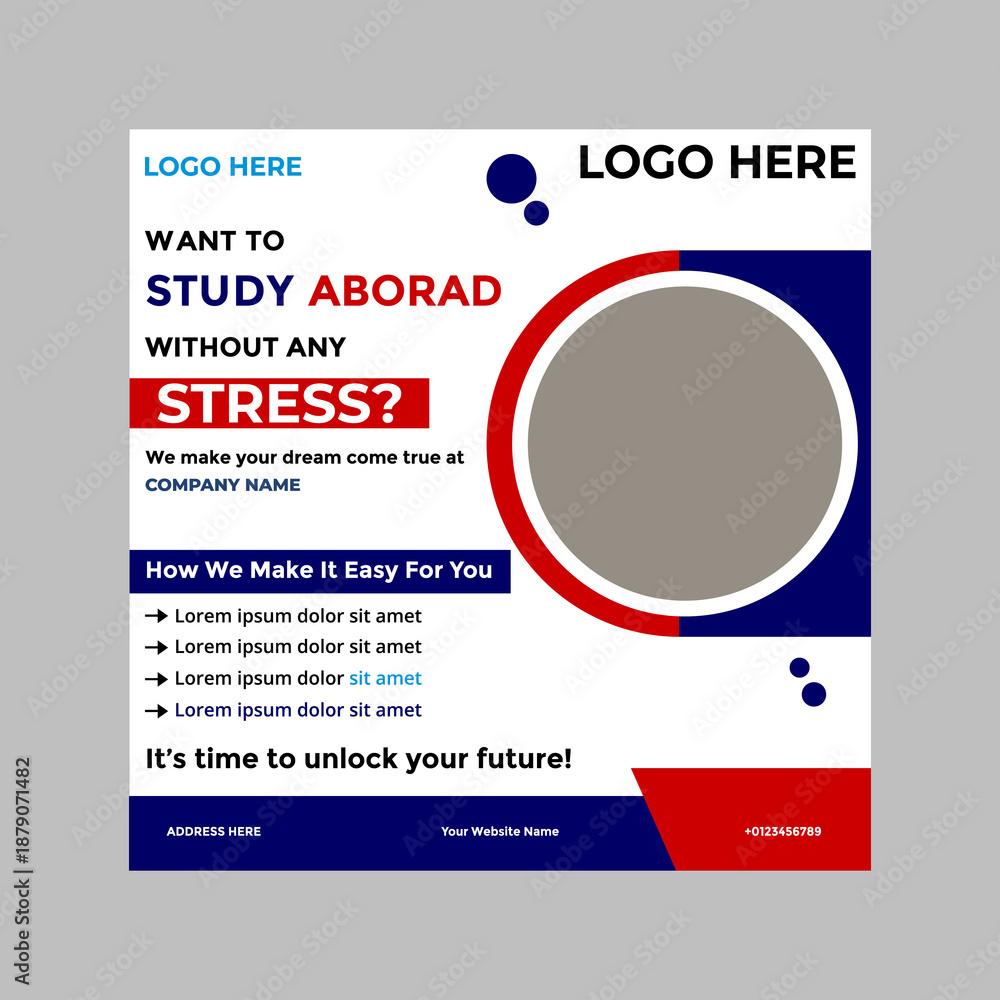 Obraz premium Study abroad social media post banner design. higher education social media post banner design set. university admission promotion banner. university admission template for social media ad