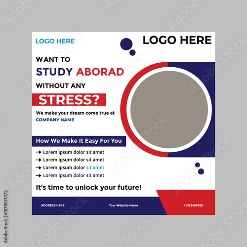 Study abroad social media post banner design. higher education social media post banner design set. university admission promotion banner. university admission template for social media ad
