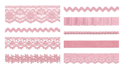 Pink ribbon and lace set including crochet, ricrac, velvet, eyelet, and pleated trim variants. Sewing and haberdashery collection for craft projects.