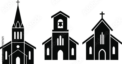 Three black silhouettes of different church buildings with crosses on a white background