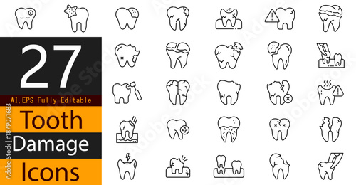 Tooth Damage Icons Set for Dental Problems, Cavities, Cracks, Decay, and Oral Health Treatment
