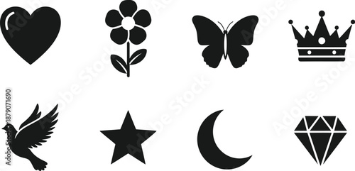 A collection of black silhouettes featuring various symbols and icons on a white background