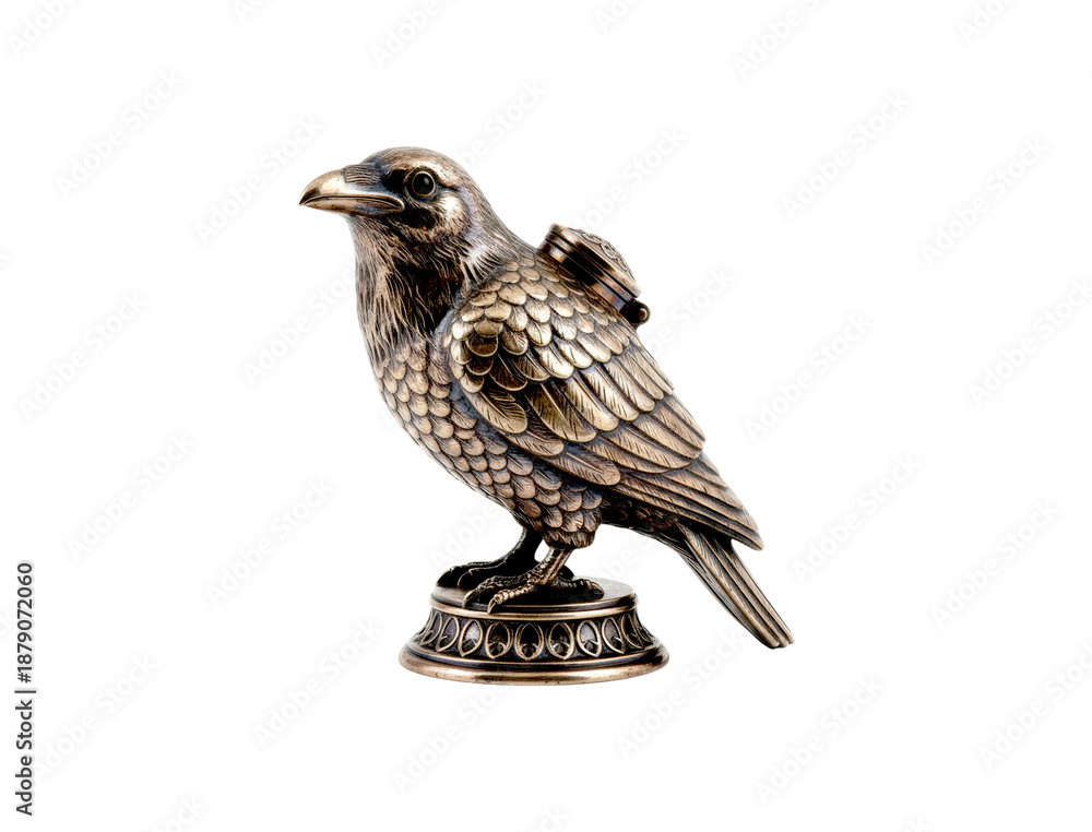 Obraz premium Detailed antique bronze raven figurine with a small hinged box on its back stands proudly on an ornate pedestal with intricate carvings