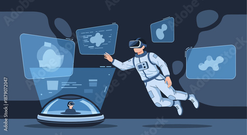 Futuristic exploration through augmented reality, astronaut interacting with virtual interfaces in