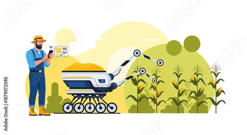 Futuristic farming: farmer with mobile monitoring corn field using autonomous robotic harvester