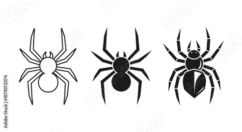A set of three black and white spider illustrations on a plain white background